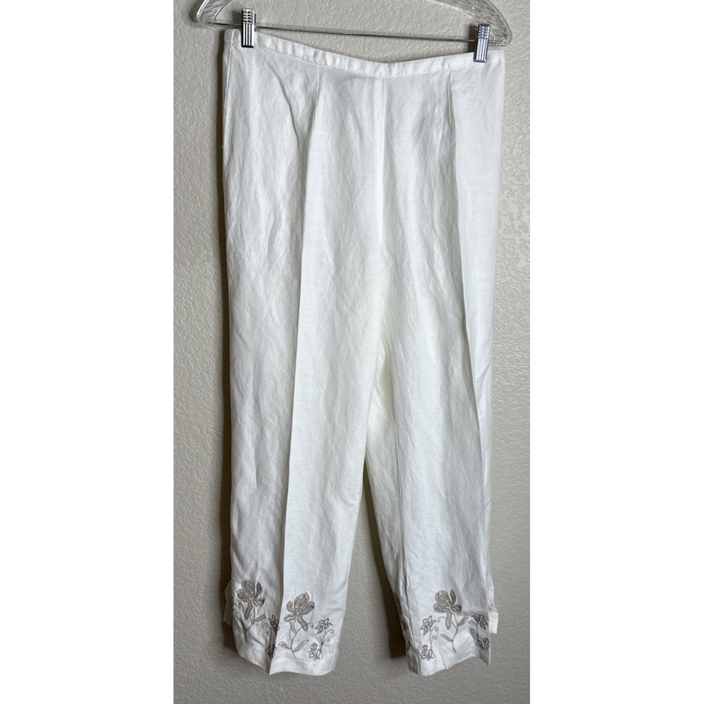 Norton McNaughton Medium Off White Pull On Pants Floral Embroidered Hem Linen